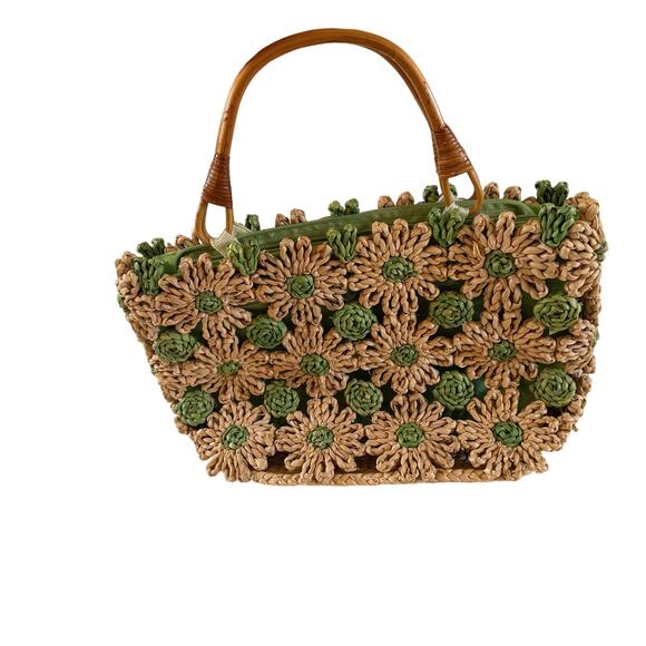 Donna Dixon Handbags - Vtg Y2K 2000s Woven Straw Flower Purse Boho Artsy